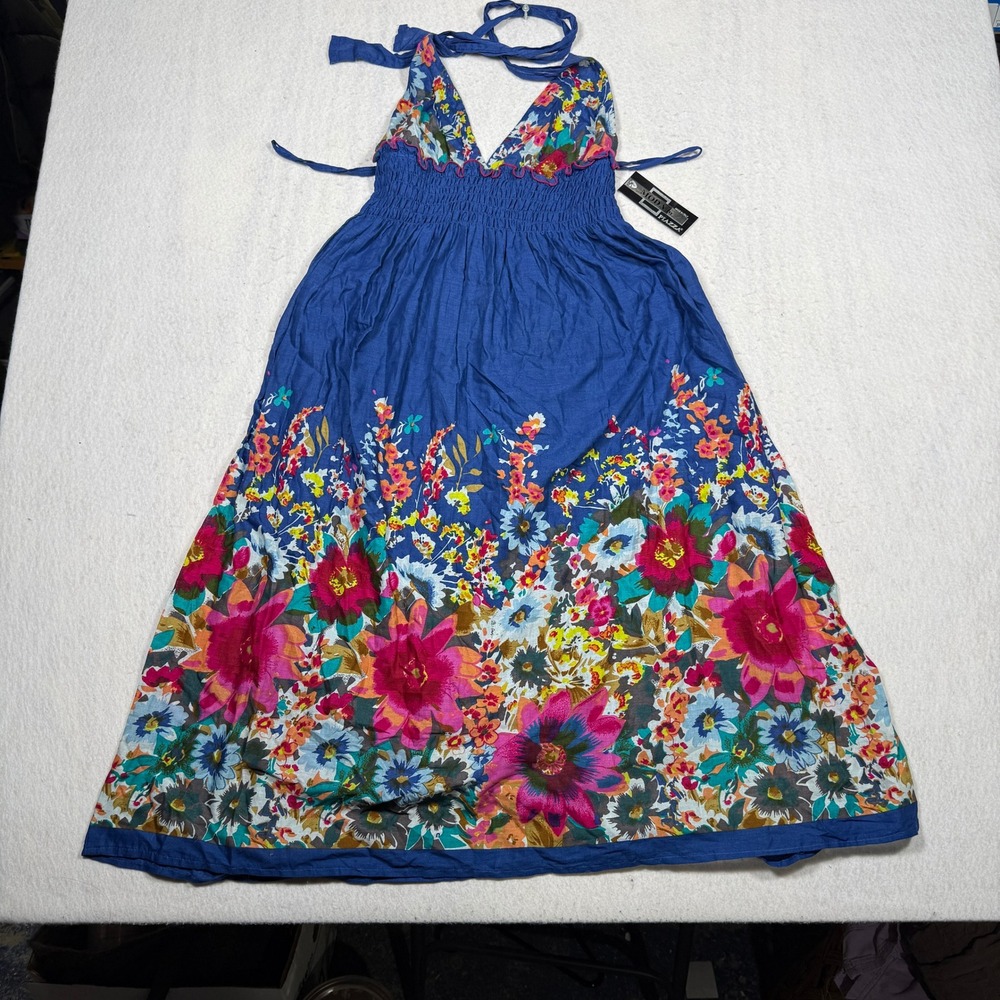 Piazza Italy Womens Blue Floral Cotton Smocked Halter Sun Dress Made in Italy